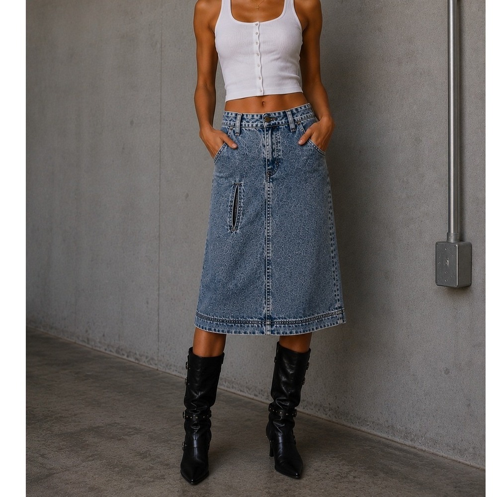 Gitano Express Vintage Acid Wash Denim Skirt Blue High Waist A-Line Midi Womens